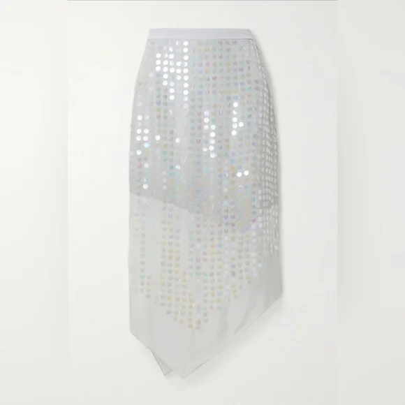 Cushnie High Waisted Sheer Skirt, Silk, Silver Asymmetrical Sequins Iridescent - Picture 6 of 9